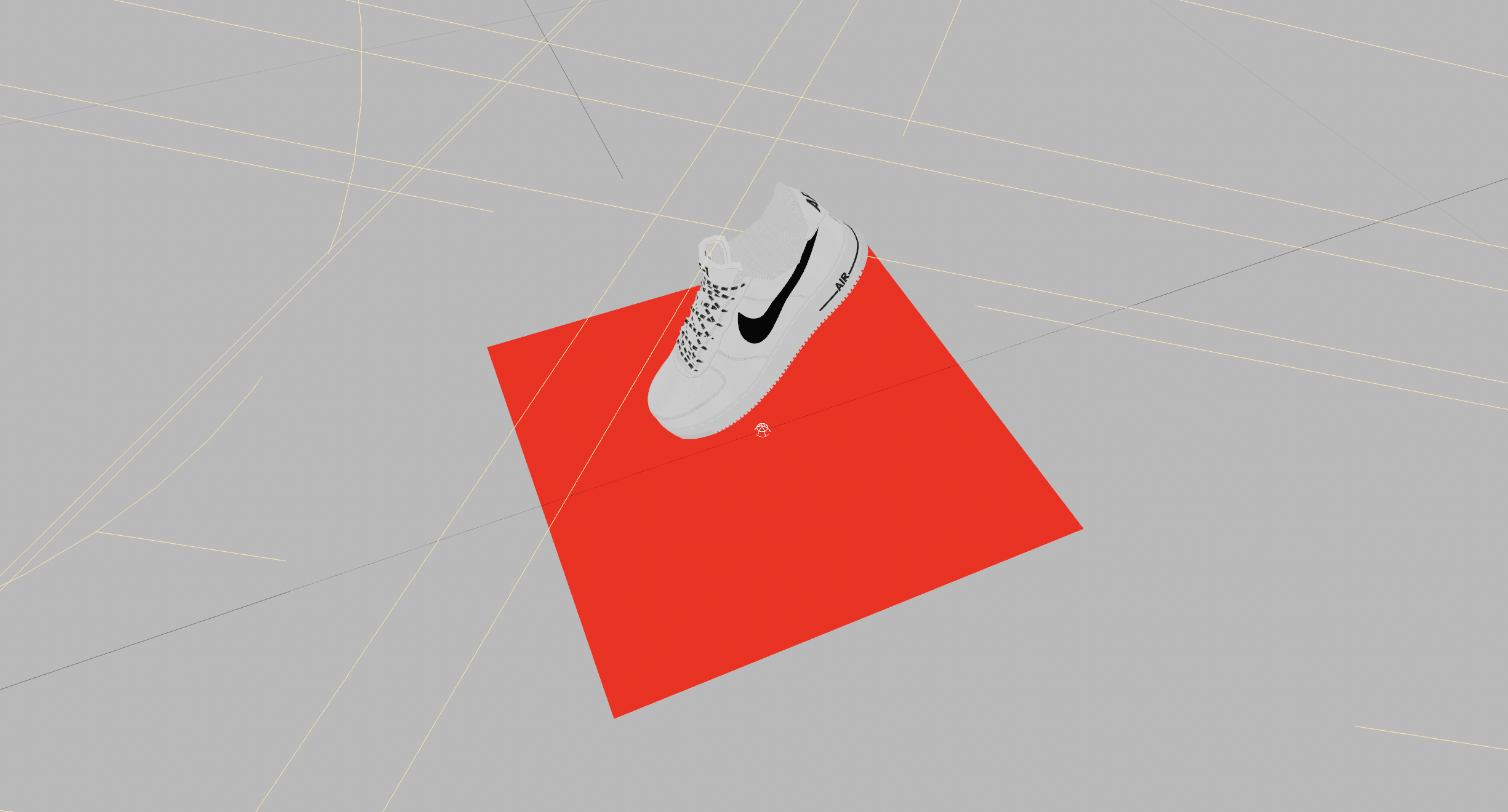 Unlit 3D rendering of a white sneaker over a red square and gray background