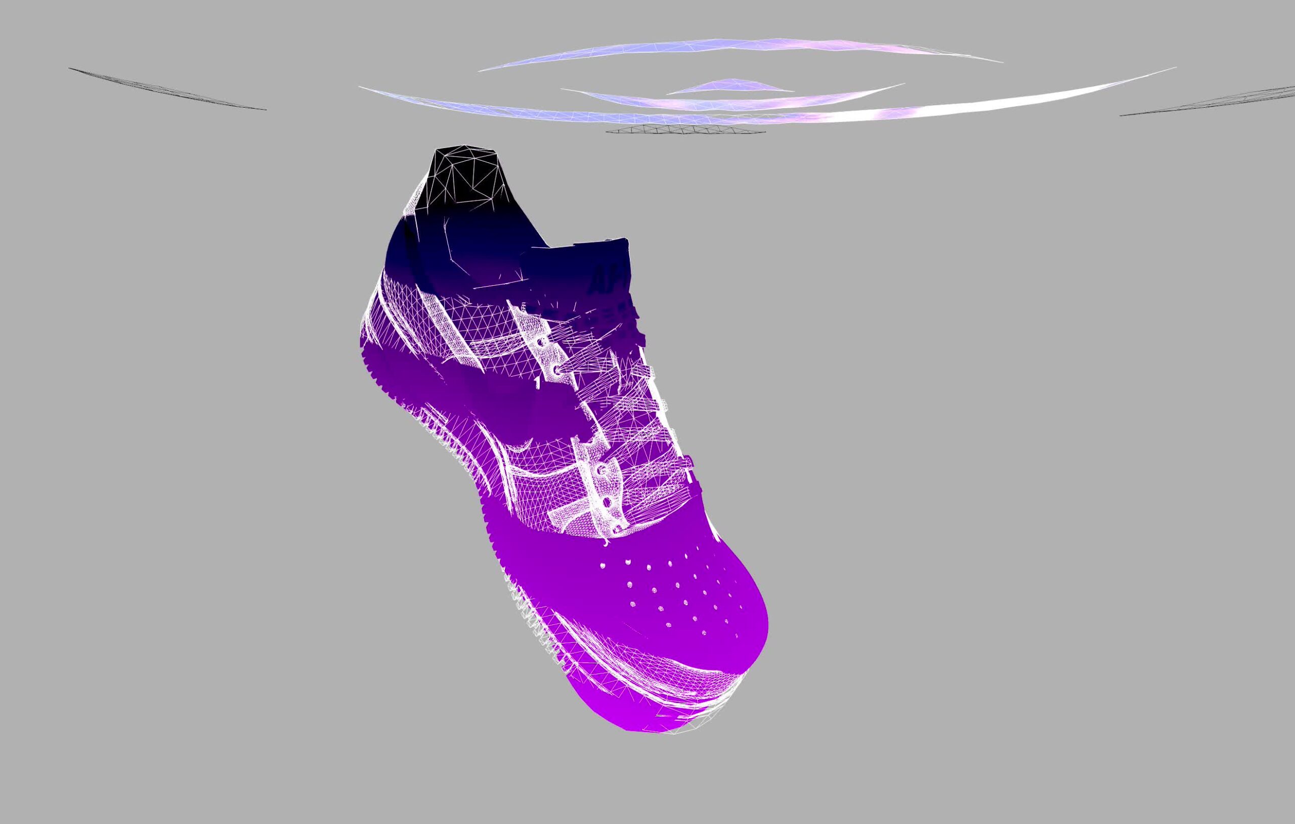 A 3D model of a sneaker with a purple gradient and wavy white wireframe lines.