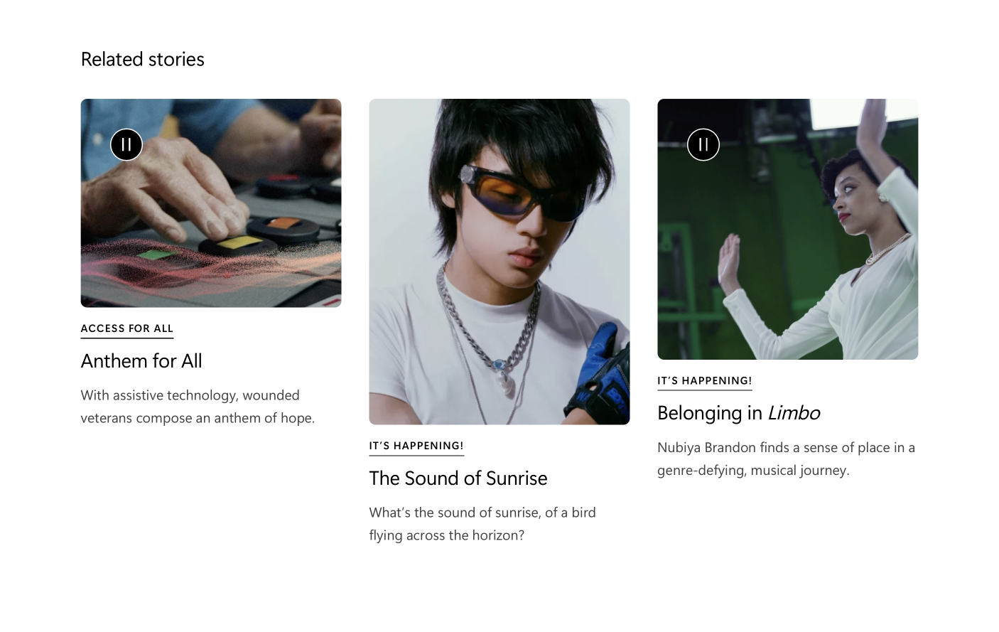 Sections titled "related stories" with three story cards each featuring an image or video, category, title and blurb