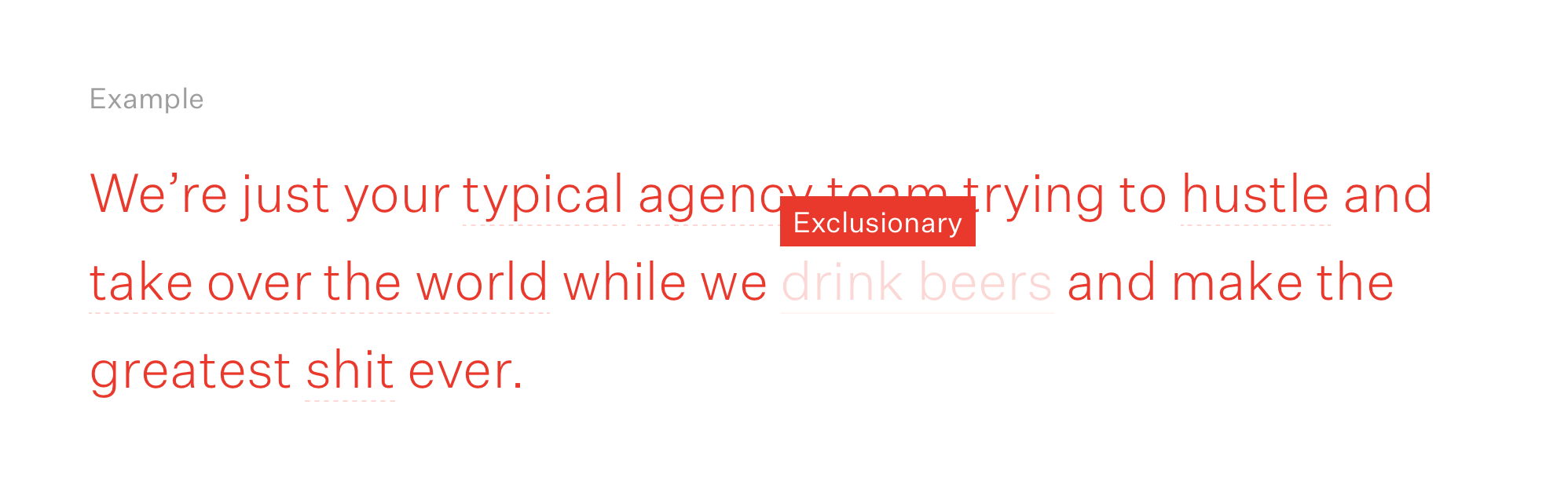 An example of bad writing in red text with multiple errors underlined: "We're just your typical agency team trying to hustle and take over the world while we drink beers and make the greatest shit ever." "Drink beers" has a tooltip reading "exclusionary".