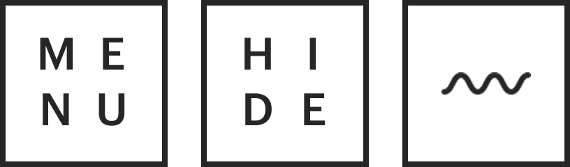 Three cubes. The first and second have the words MENU and HIDE respectively with the letters split into a two-by-two grid. The third has a sine wave-like squiggle.