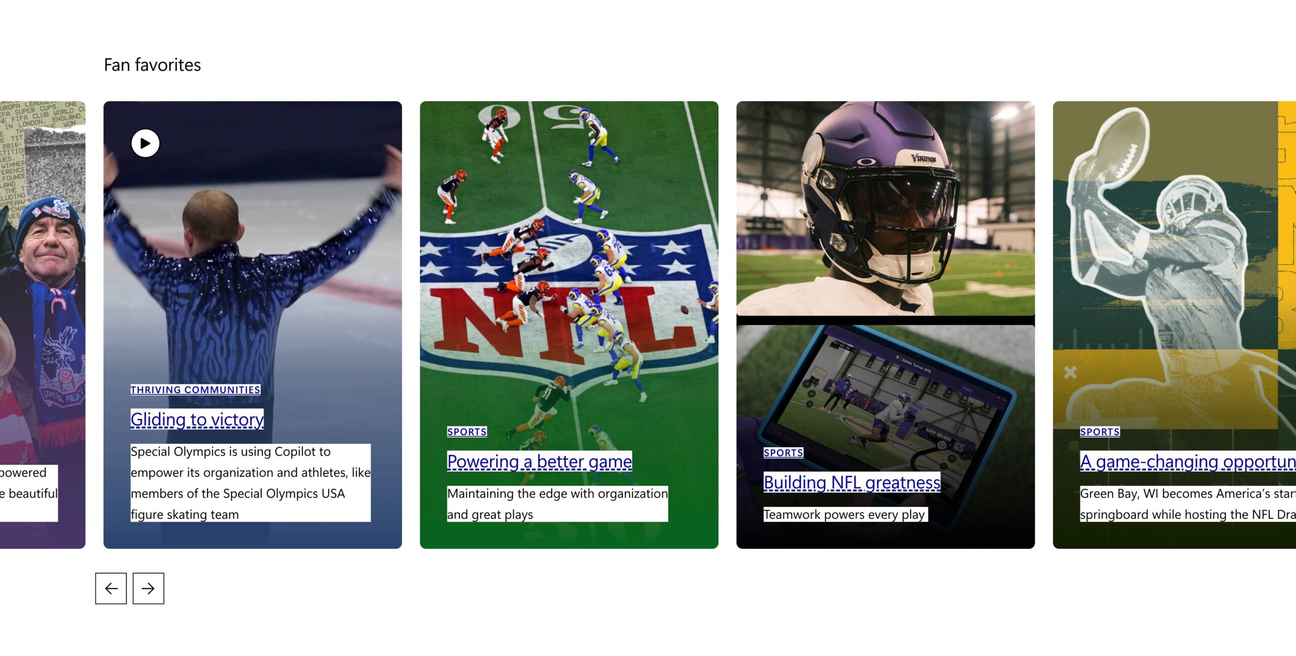 A carousel of cards with solid boxes behind the lines of text protecting them from the background image and with the headline and eyebrow links clearly called out with link-colored text and underlines